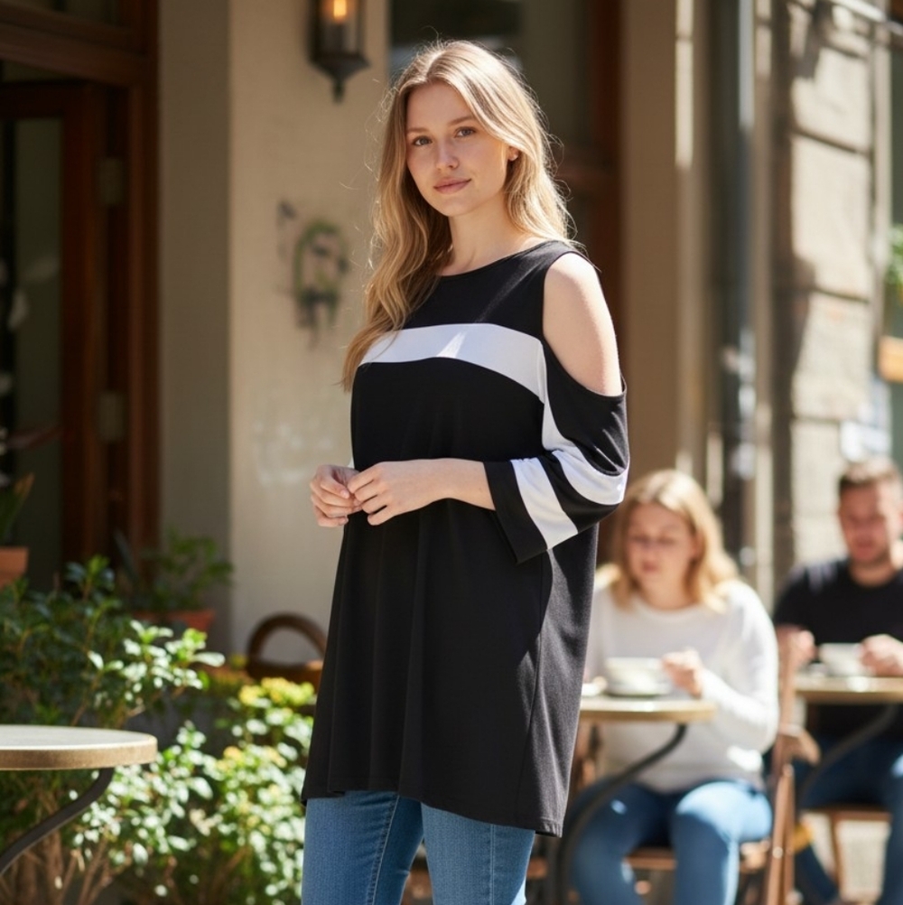 Nina Leonard Black & White Cold-Shoulder Tunic Top
